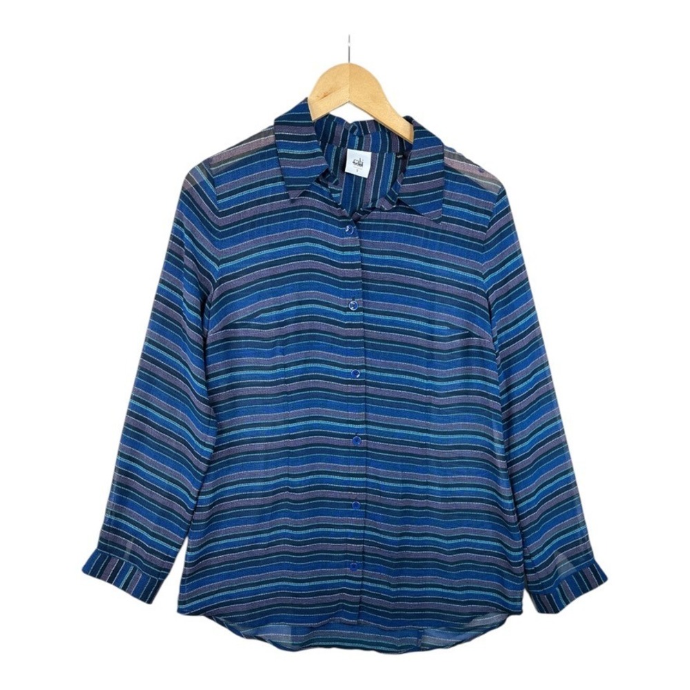 cabi Women's Alex Blouse Button Down Stripe Sheer‎ Style Size Small Blue